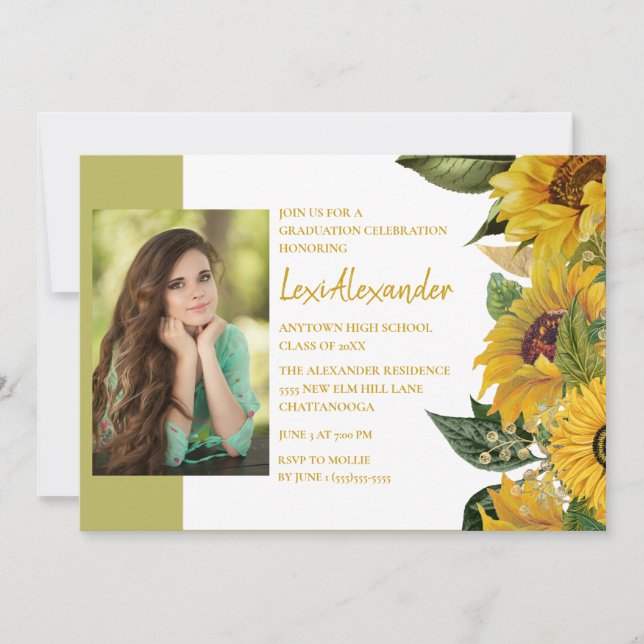 Invitation Graduation Party Rustic Sunflowers Photo Girl (Devant)