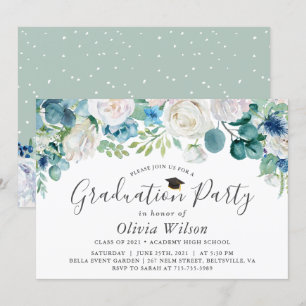 Invitation Graduation Party Sage Vert Bleu Blanc Floral
