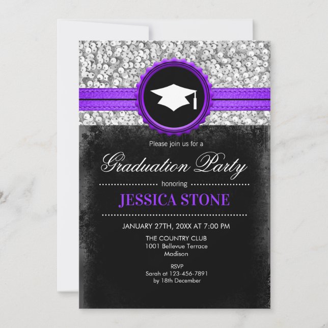 Invitation Graduation Party - Silver Black Purple (Devant)