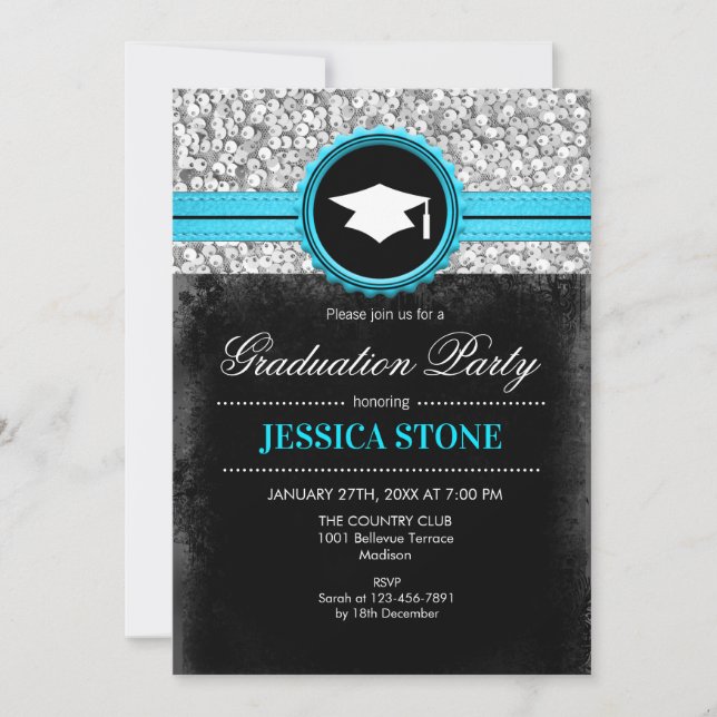 Invitation Graduation Party - Silver Black Turquoise (Devant)
