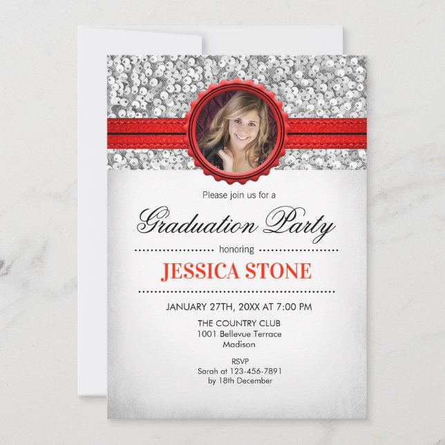 Invitation Graduation Party - Silver White Red Photo (Devant)