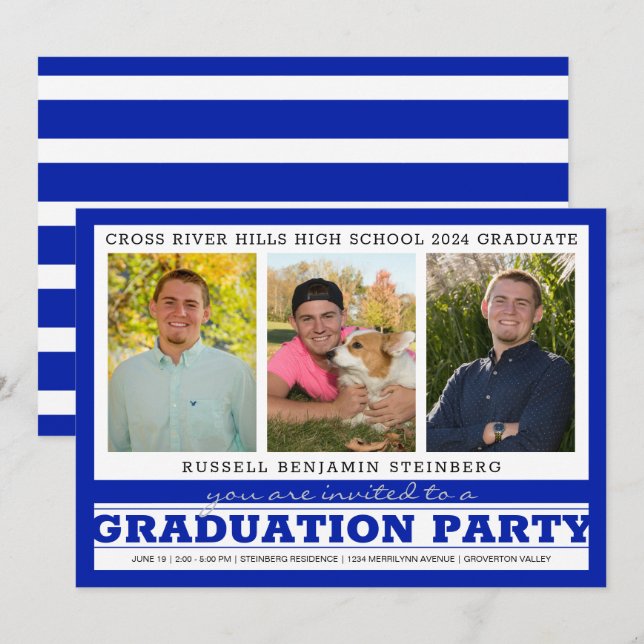 Invitation Graduation Party Trois Photos Royal Blue & Silver (Devant / Derrière)