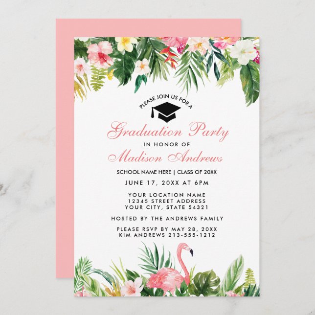 Invitation Graduation Party Tropical Floral Rose (Devant / Derrière)
