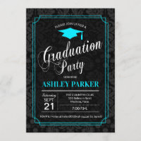 Graduation Party - Turquoise Black White Damask
