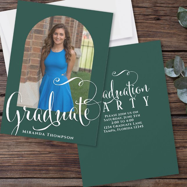 Invitation Graduation Photo Calligraphie Script Dark Green (Créateur téléchargé)