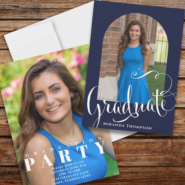 Invitation Graduation Photo Calligraphie Script Navy Blue (Créateur téléchargé)