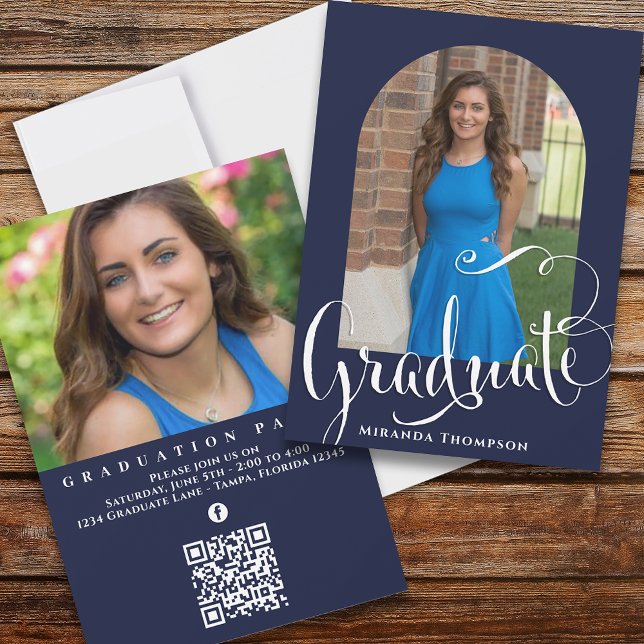 Invitation Graduation Photo Calligraphie Script Navy Blue (Créateur téléchargé)