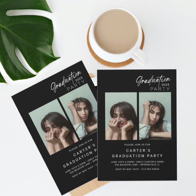 Invitation graduation photo chic Minimaliste noir et blanc (Créateur téléchargé)