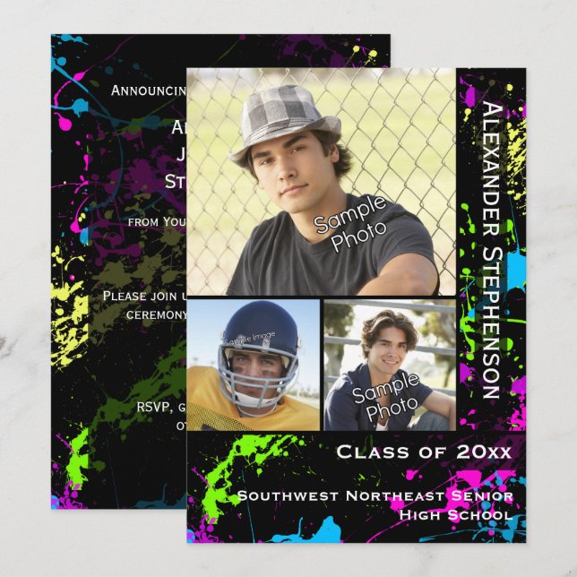 Invitation Graduation photo de Neon Paint Splatter (Devant / Derrière)