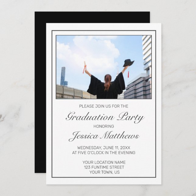 Invitation Graduation photo minimaliste moderne noir blanc (Devant / Derrière)