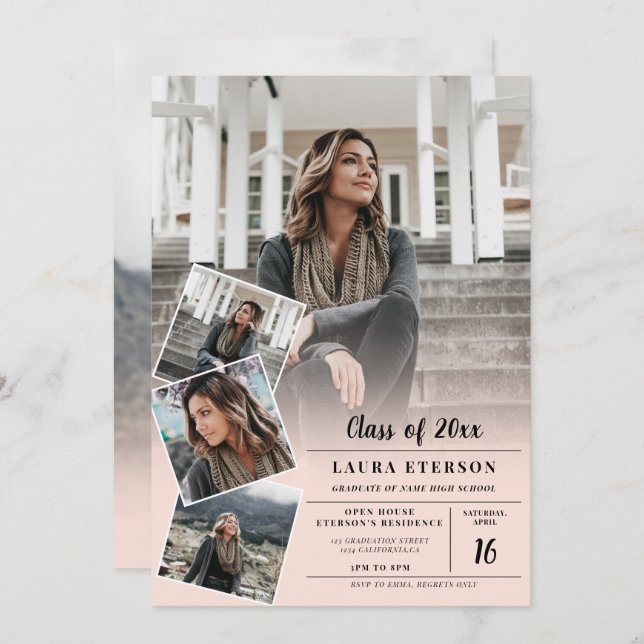 Invitation Graduation photo minimaliste moderne rose-rousse (Devant / Derrière)