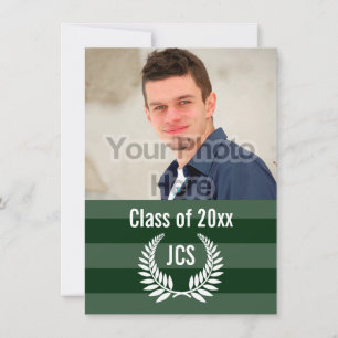 Invitation Graduation photo Monogramme Laurel Green Stripe