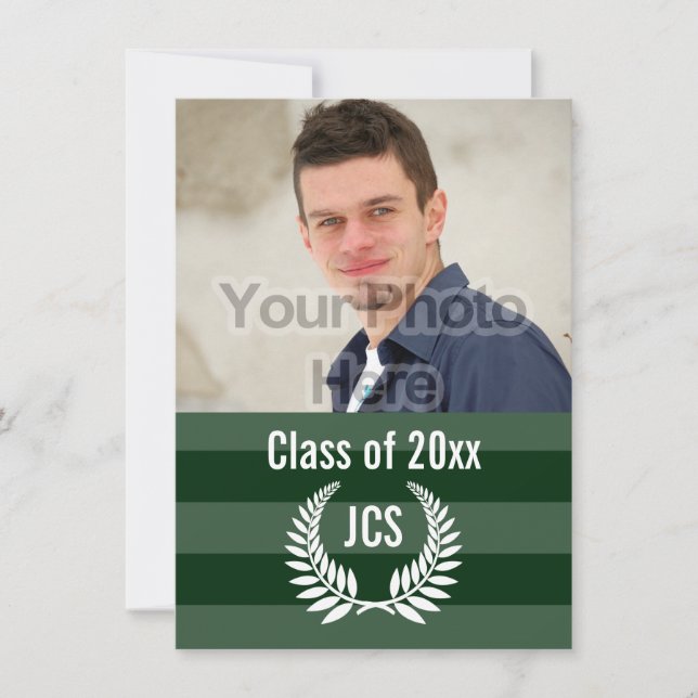 Invitation Graduation photo Monogramme Laurel Green Stripe (Devant)