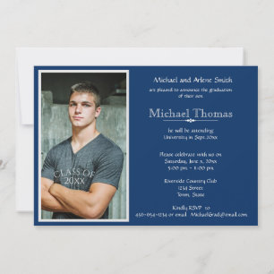 Invitation Graduation Photo personnelle Marine Bleu & Blanc