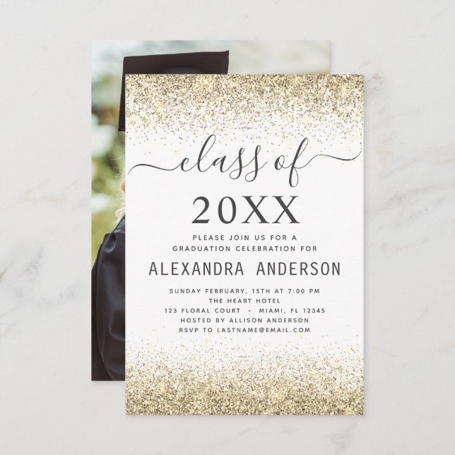 Invitation Graduation Photo White Gold Class of 2022 Invitati (Devant / Derrière)