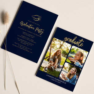 Invitation Graduation Photos Marine Blue Moderne Grad Party