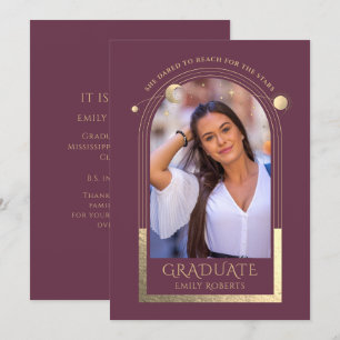 Invitation Graduation Plum Gold Sun Moon Stars Grad Photo