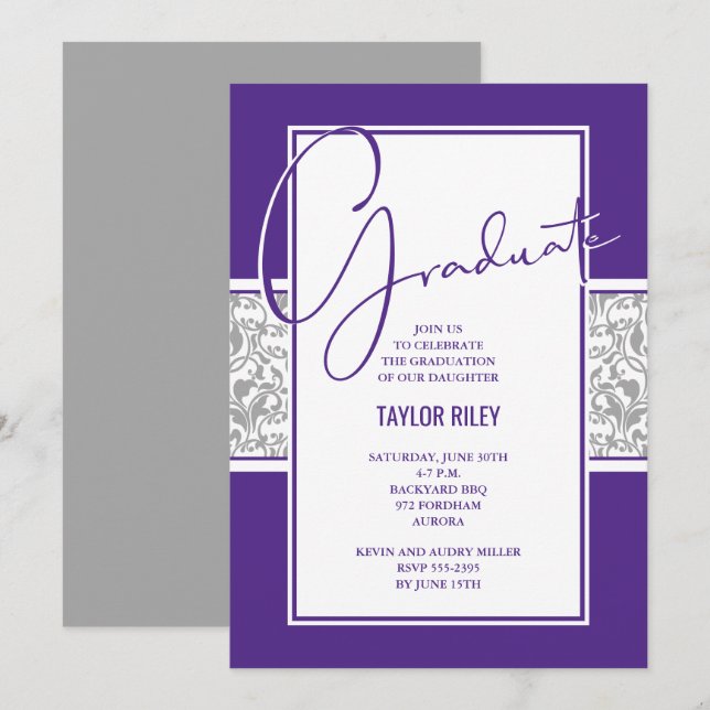 Invitation Graduation Purple et Grey Damask (Devant / Derrière)