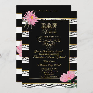 Invitation Graduation Rose Daisies noir dentelle Blanche rayu