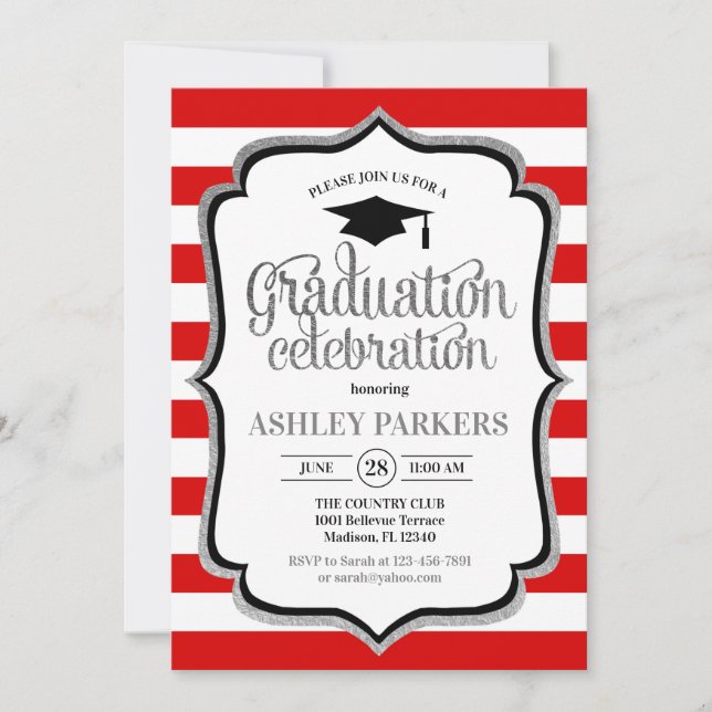 Invitation Graduation - Rouge Blanc Argent Noir (Devant)