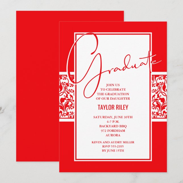 Invitation Graduation rouge et blanc Damask (Devant / Derrière)