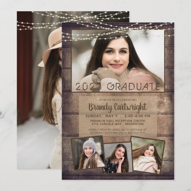 Invitation Graduation Rustique 4 Lumières à cordes de bois ph (Devant / Derrière)
