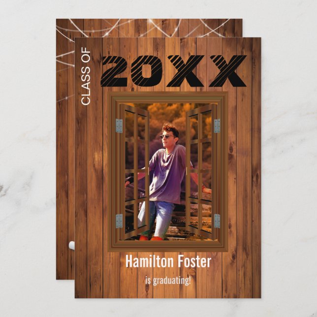 Invitation Graduation Rustique Cerise String Lumières Grange  (Devant / Derrière)