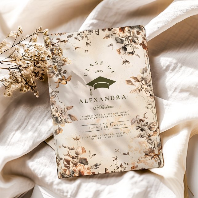 Invitation Graduation Rustique Vintage Fleur sauvage Bloom (Créateur téléchargé)