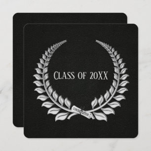Invitation Graduation Silver Laurel sur cuir noir