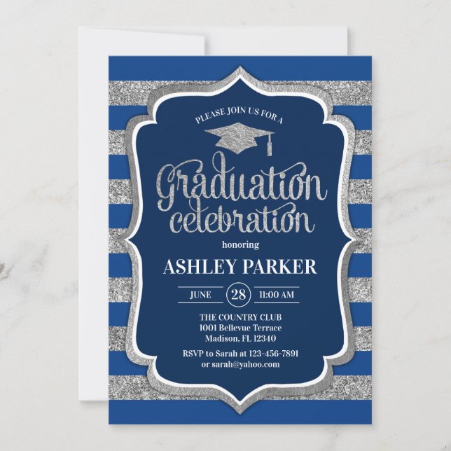 Invitation Graduation - Silver Navy Blue Stripes (Devant)