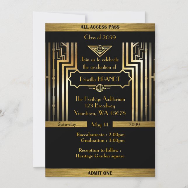 Invitation Graduation, Style Gatsby, billet, or noir (Devant)