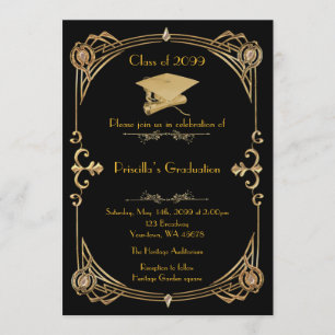 Invitation Graduation, style Gatsby, or noir, monogramme reto