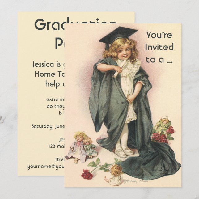 Invitation Graduation vintage, Fille portant un Casquette et  (Devant / Derrière)