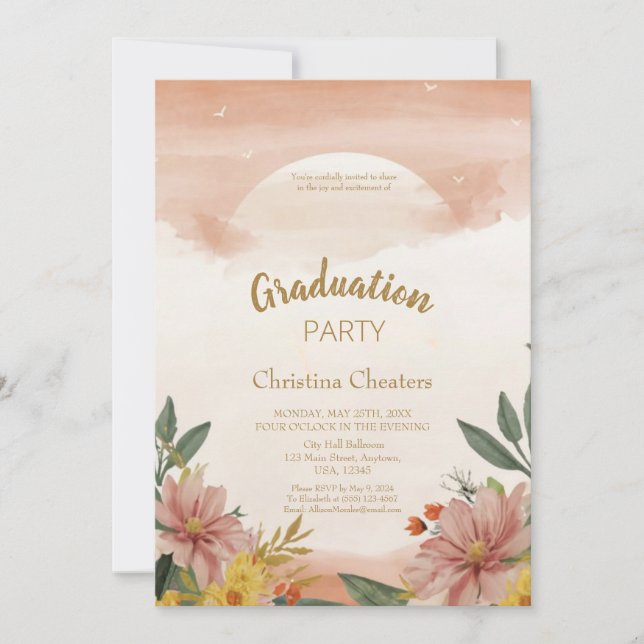 Invitation Graduation Whimsical Bohemian Sunset Peach Fuzz (Devant)