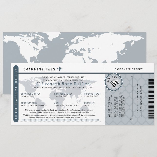 Invitation Graduation World Traveller Boarding Pass Invitatio (Devant / Derrière)