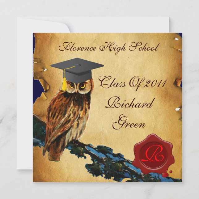 Invitation GRADUCATION OWL PARCHMENT WAX SEAL MONOGRAM Felt (Devant)