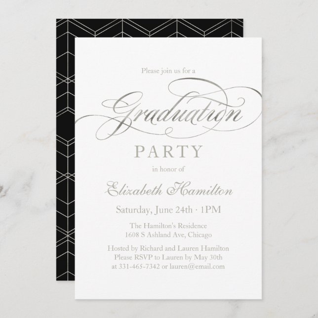 Invitation Gradué Élégant Foil Argent Script Grad Party (Devant / Derrière)