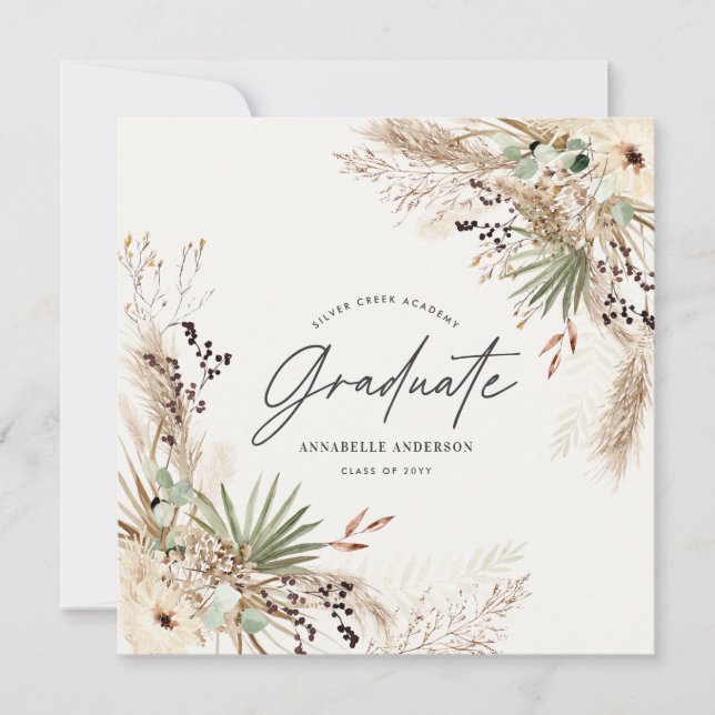 Invitation Gradué faveur pampas eucalyptus élégant script (Devant)