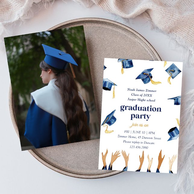 Invitation Gradué Photo l Happy Blue Casquettes Party (Créateur téléchargé)