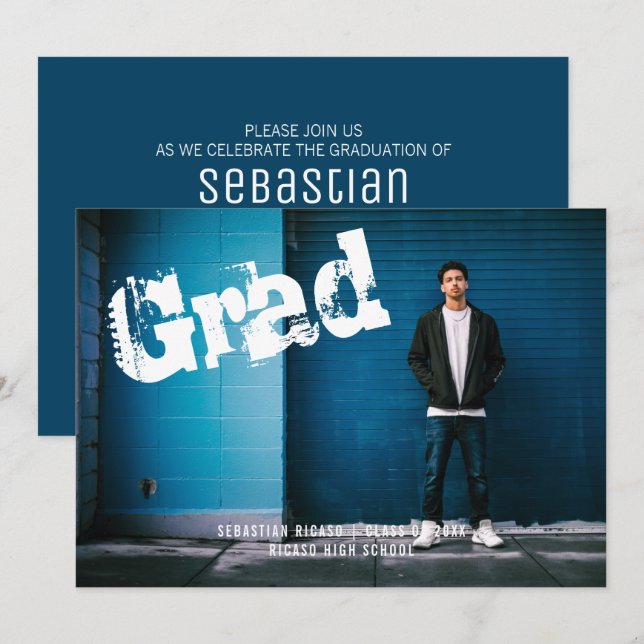 Invitation Graduel photo personnalisé Graffiti bleu (Devant / Derrière)