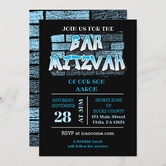 Invitation Graffiti Bar Mitzvah Brick Wall Splatter Invitatio (Devant / Derrière)