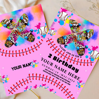 Invitation Graffiti de skateboard de baseball coloré rose fêt