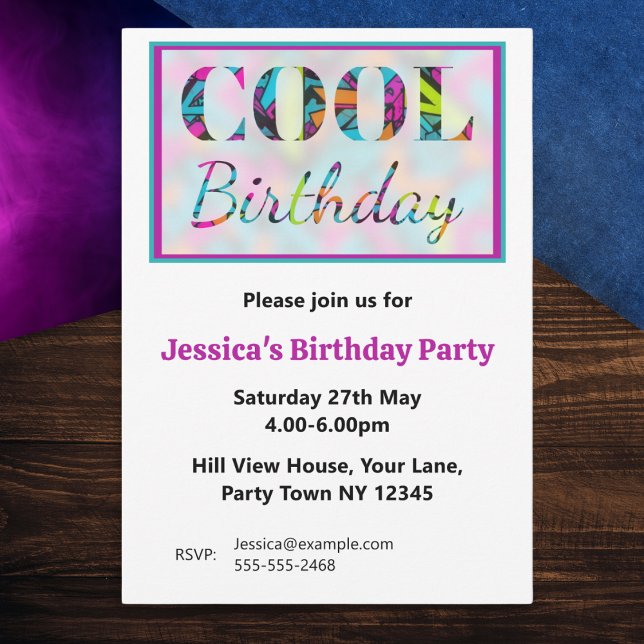 Invitation Graffiti Moderne Anniversaire Coloré et Cool (A custom birthday party invitation, with graffiti style background within the words 'cool birthday')