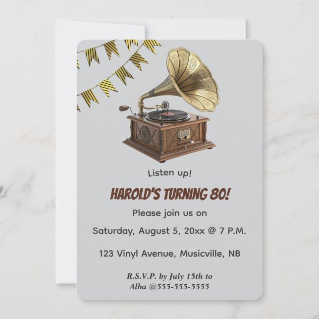 Invitation Gramophone et Guirlande Modifiables (Devant)