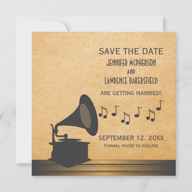 Invitation Gramophone Vintage gris Enregistrer la date Invita (Devant)