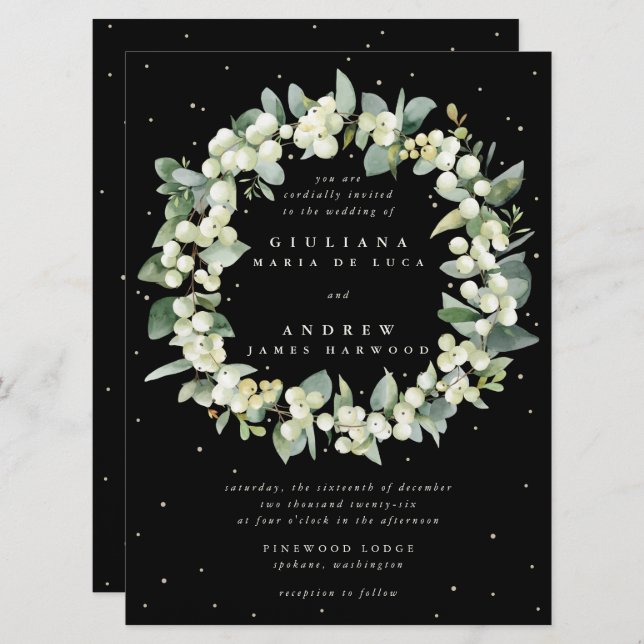 Invitation Grand Black Snowberry + Eucalyptus Wreath Mariage (Devant / Derrière)