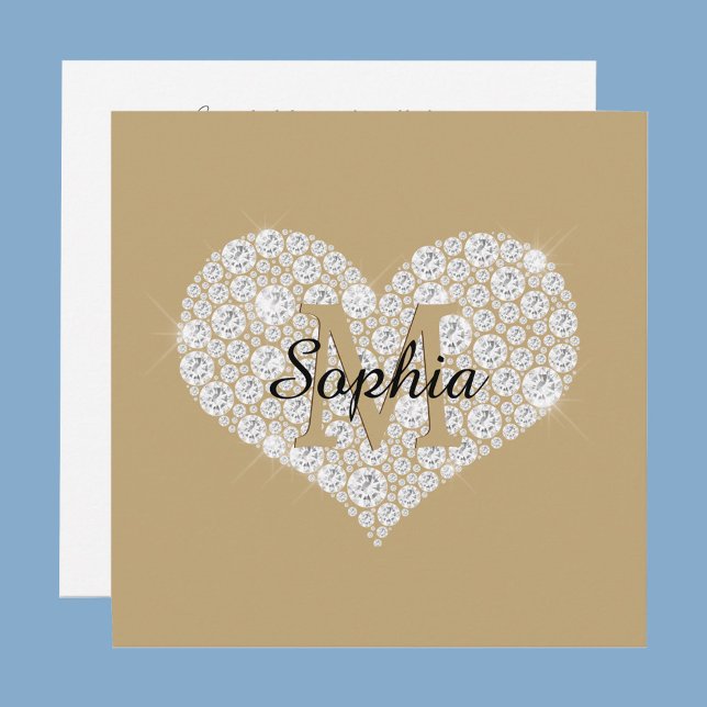 Invitation Grand Cœur Diamant, Monogramme Or, Nom en Script (Créateur téléchargé)