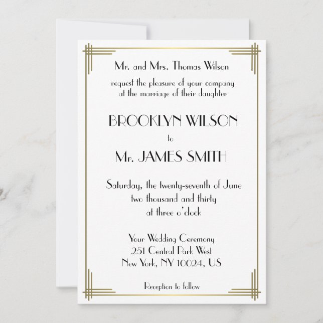 Invitation Grand Gatsby Blanc Gold Art Déco Mariage Invite (Devant)