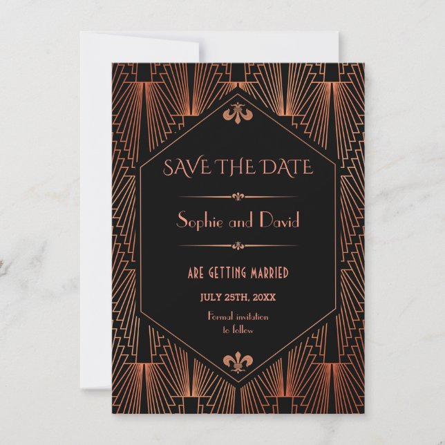 Invitation Grand Gatsby Cuivre Art Déco Mariage Enregistrer L (Devant)