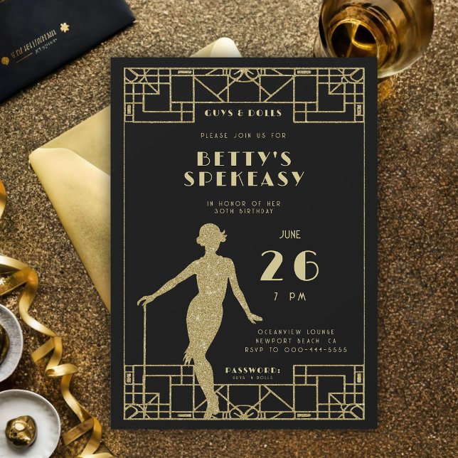 Invitation Grand Gatsby Flapper Roaring 20 Speakeasy Annivers (great gatsby party birthday roaring 20s for women speakeasy flapper gold glitter invitation template)